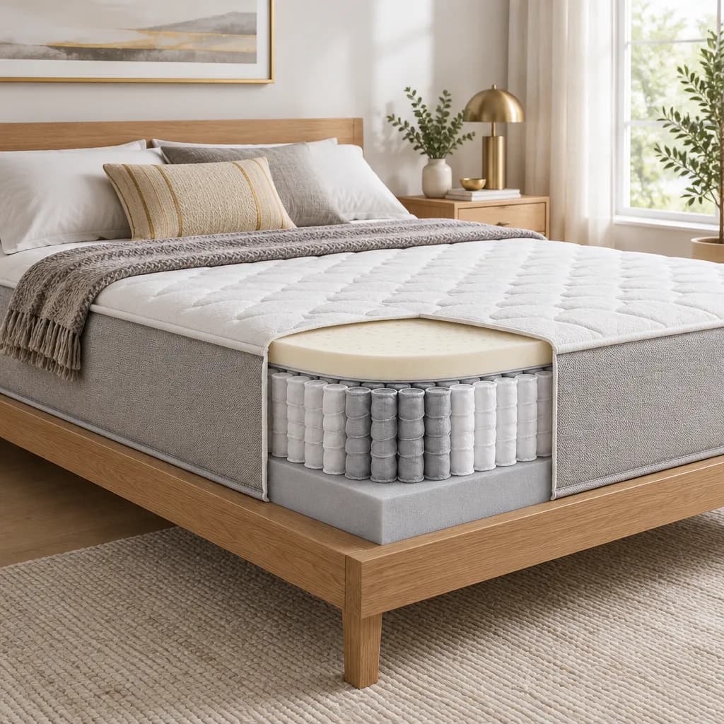 Illustration of the Amerisleep AS3 Hybrid, a hybrid mattress, with a cutaway showing its layers