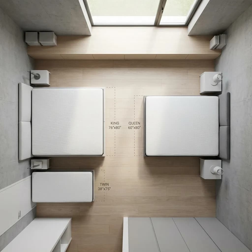 A comparative diagram of mattress dimensions, from Double to California King, used to decode bedroom space optimization.