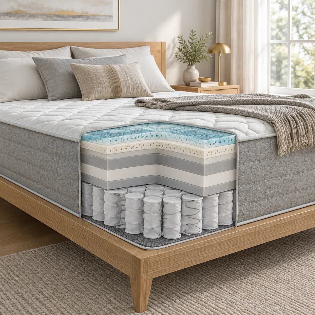Illustration of the Big Fig Classic Mattress, a hybrid mattress, with a cutaway showing its layers