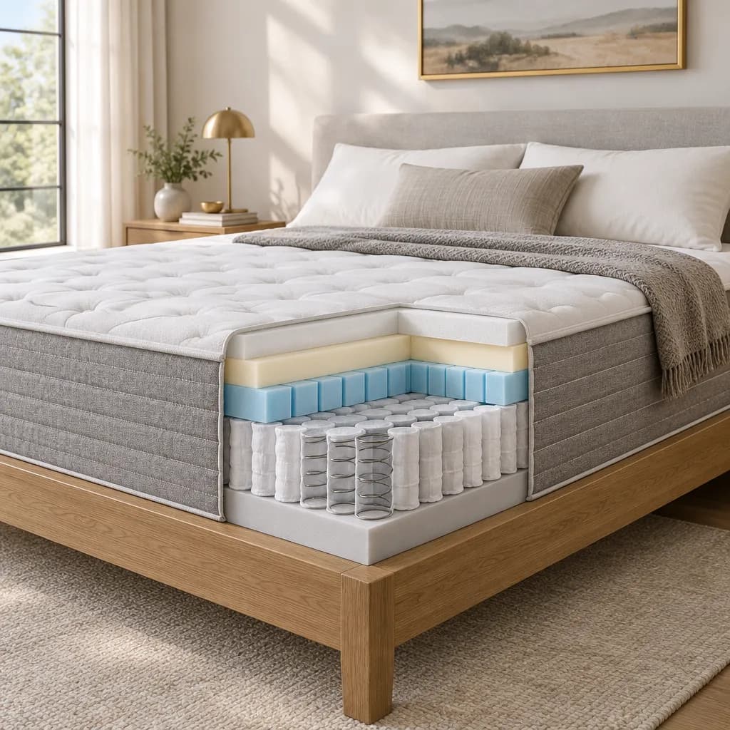 Illustration of the Casper Cooling Select Hybrid, a hybrid mattress, with a cutaway showing its layers
