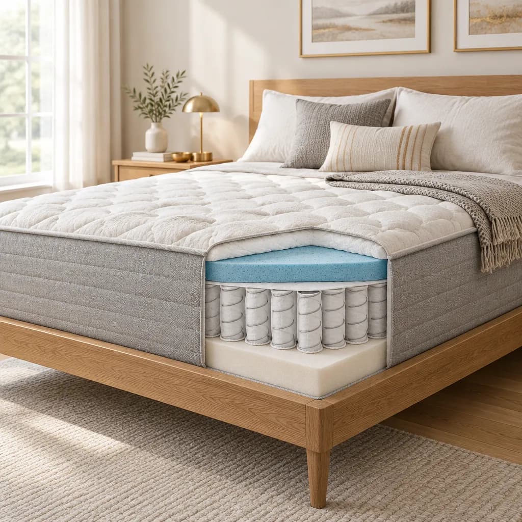 Illustration of the DreamCloud Classic Hybrid, a hybrid mattress, with a cutaway showing its layers