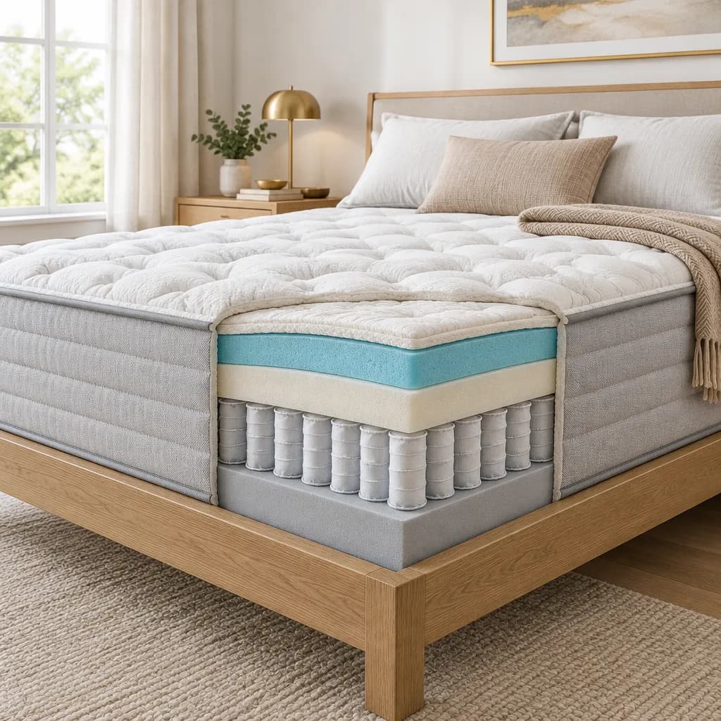 Illustration of the DreamCloud Premier Hybrid, a hybrid mattress, with a cutaway showing its layers