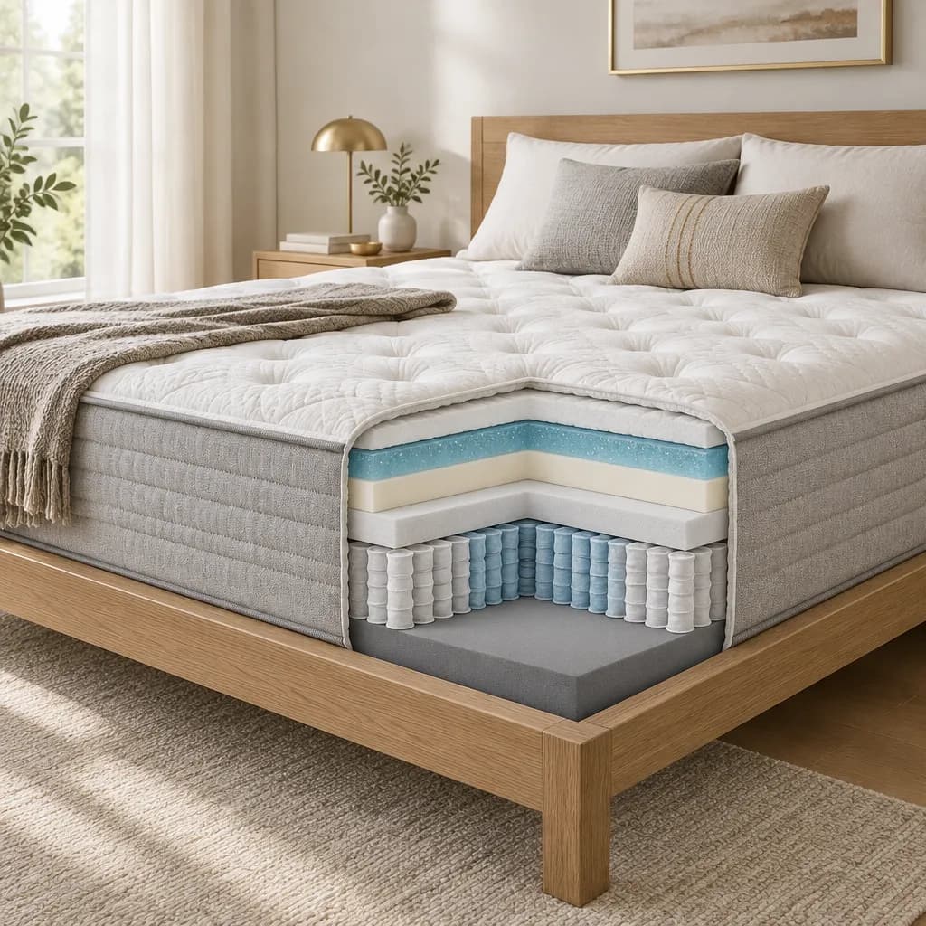 Illustration of the Helix Midnight Luxe, a hybrid mattress, with a cutaway showing its layers