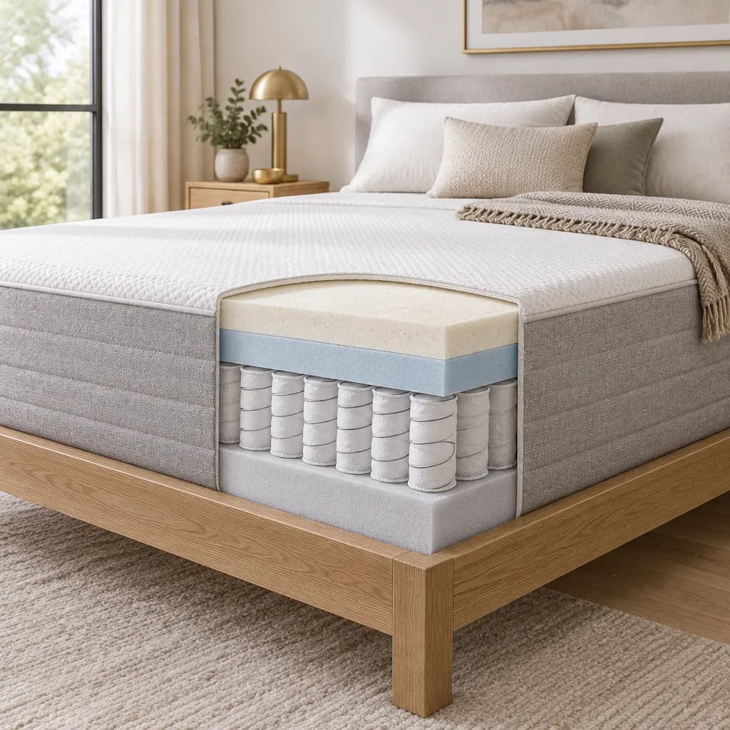 Illustration of the Helix Midnight, a hybrid mattress, with a cutaway showing its layers