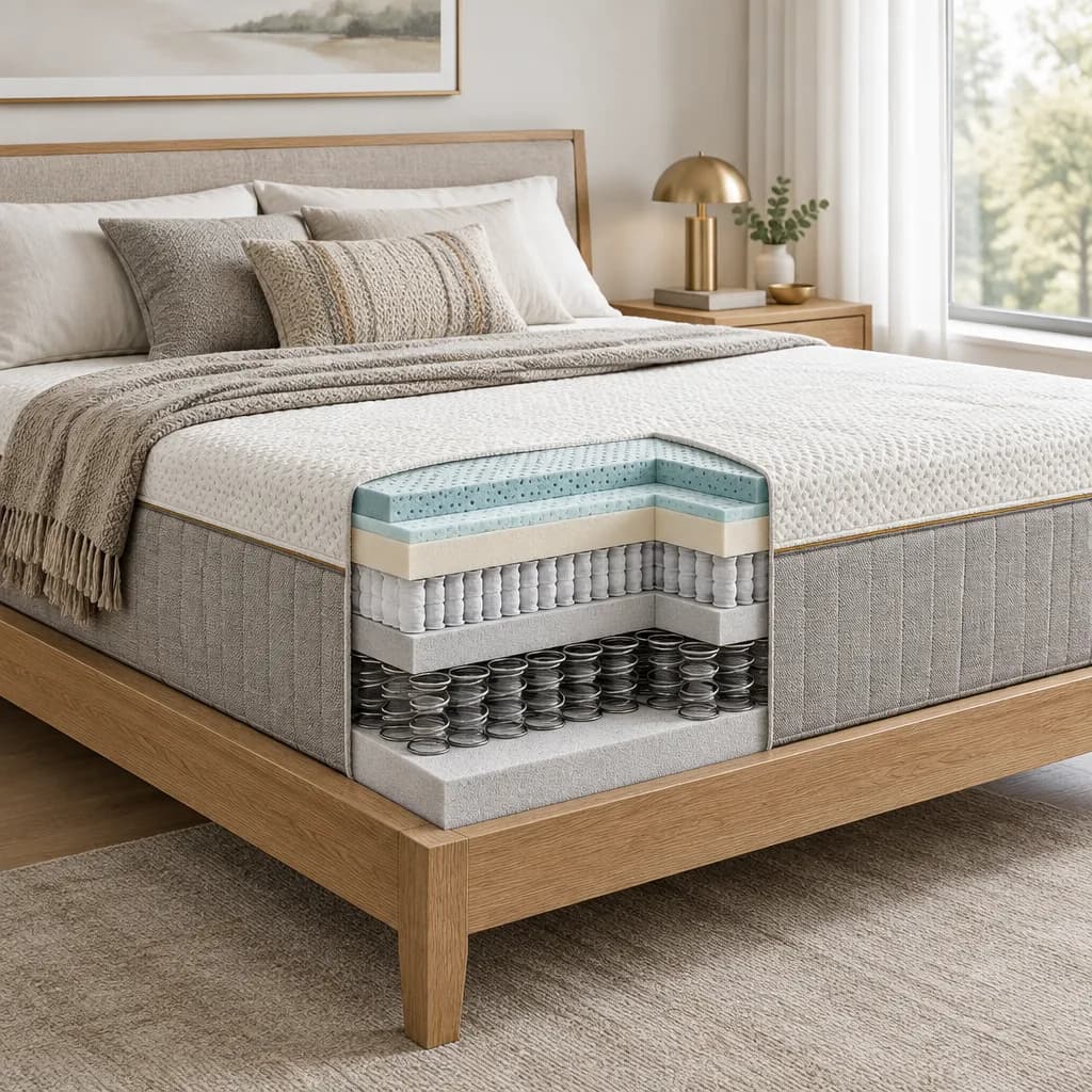 Illustration of the Leesa Legend, a hybrid mattress, with a cutaway showing its layers