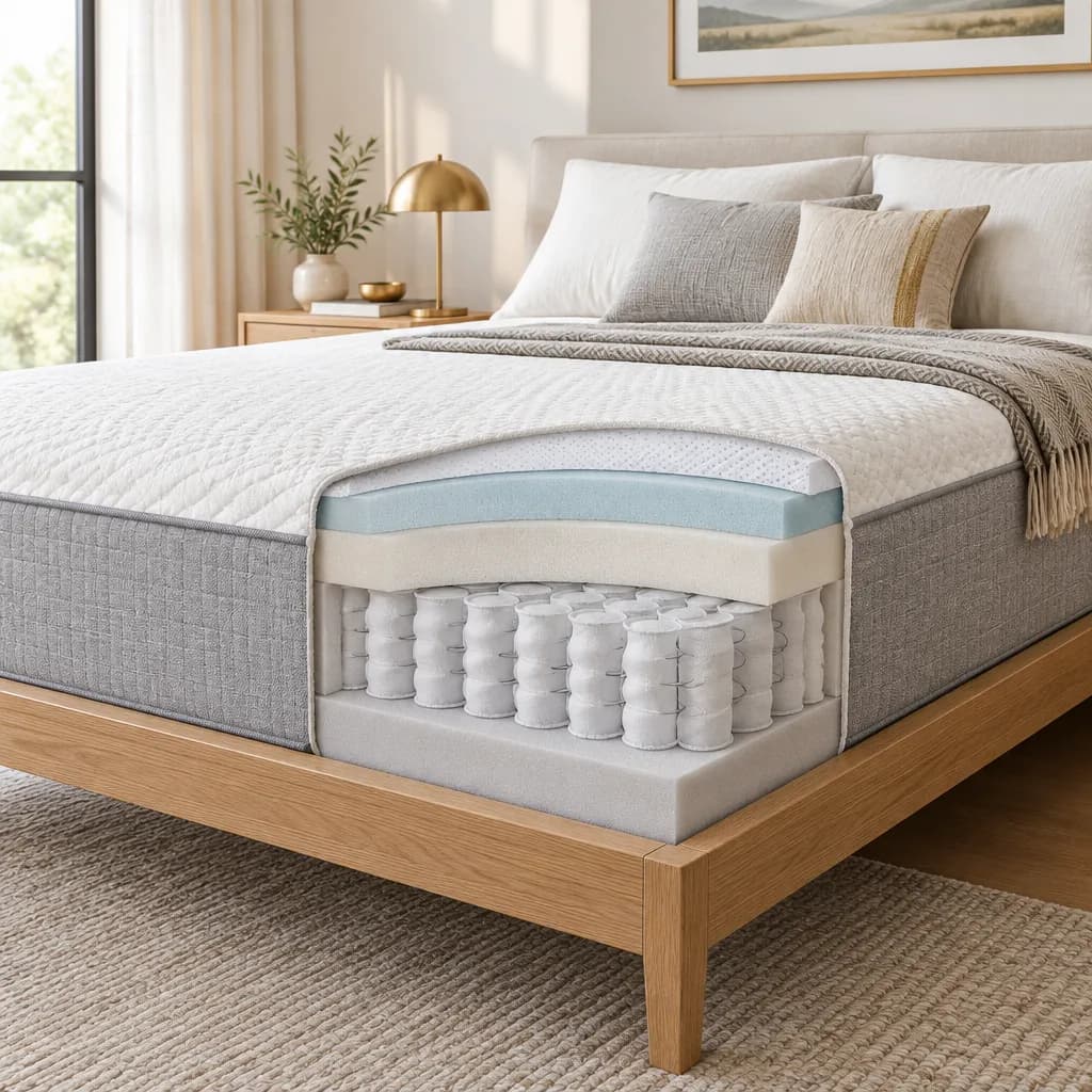 Illustration of the Nectar Classic Hybrid, a hybrid mattress, with a cutaway showing its layers