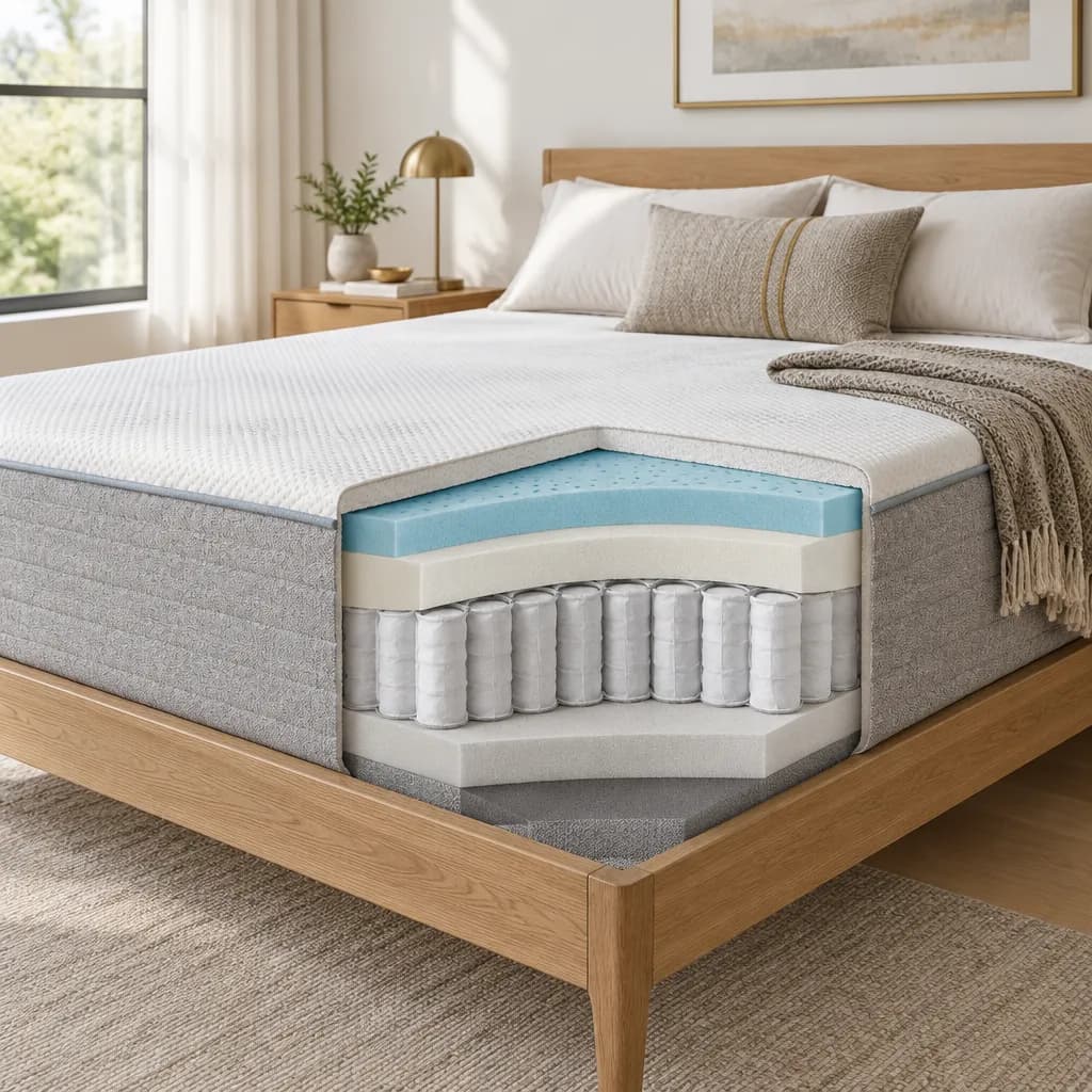 Illustration of the Nectar Luxe Hybrid, a hybrid mattress, with a cutaway showing its layers