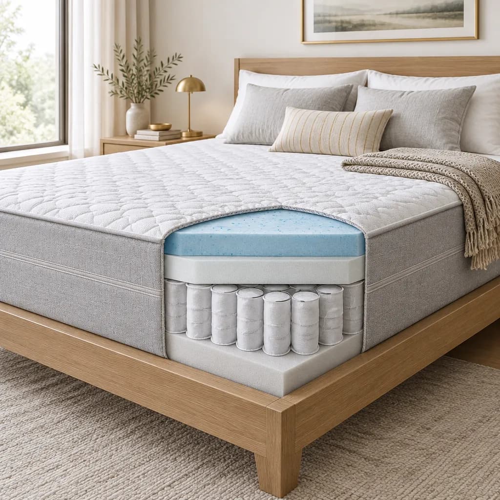 Illustration of the Nectar Premier Hybrid, a hybrid mattress, with a cutaway showing its layers