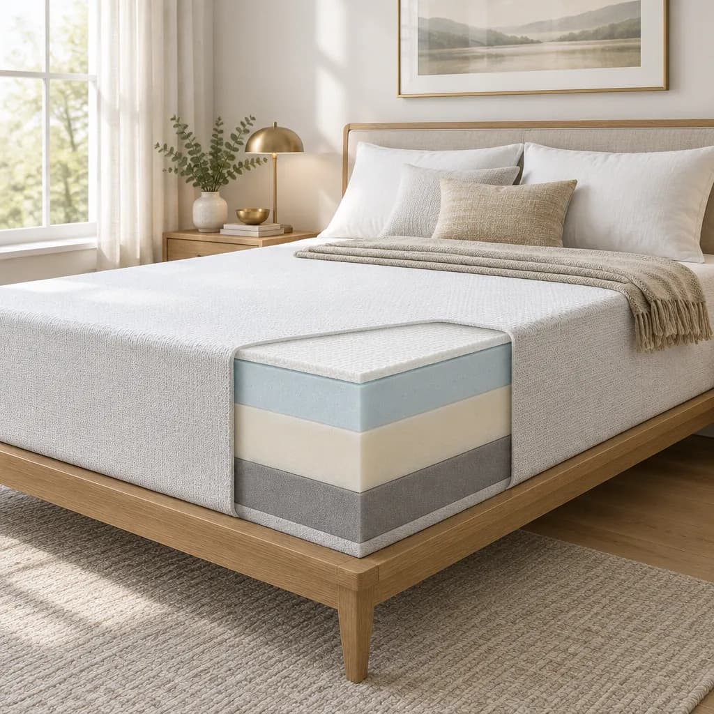 Illustration of the Nectar Premier, an all-foam mattress, with a cutaway showing its layers
