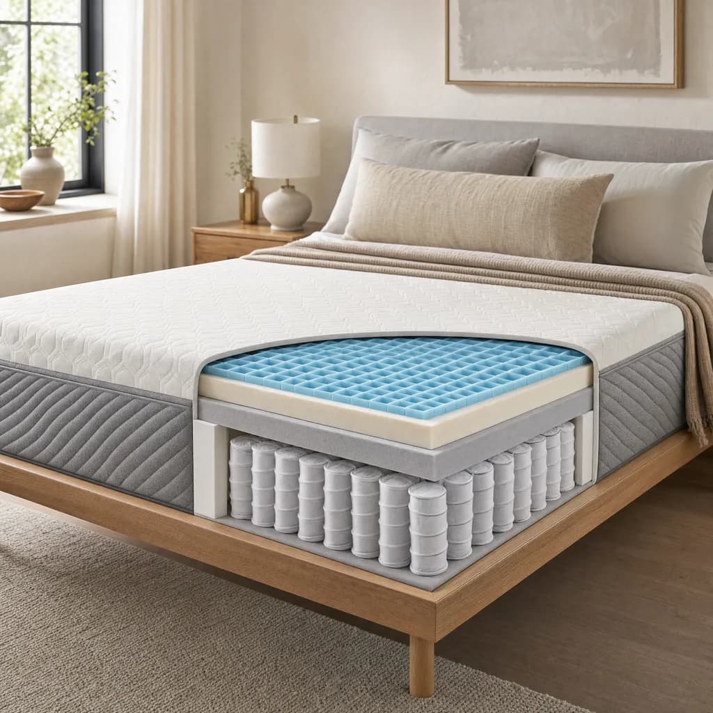 Illustration of the Purple Restore Hybrid, a hybrid mattress, with a cutaway showing its layers
