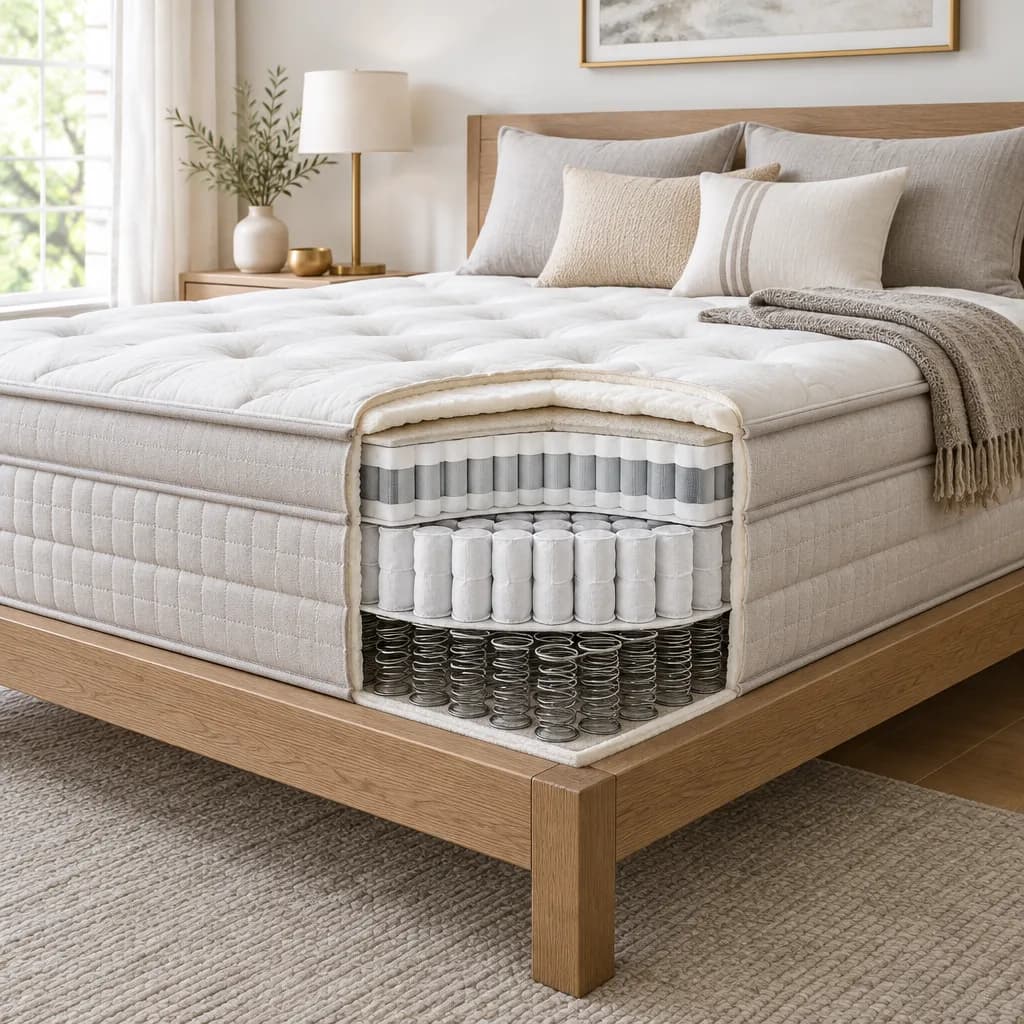 Illustration of the Saatva Classic, a hybrid mattress, with a cutaway showing its layers