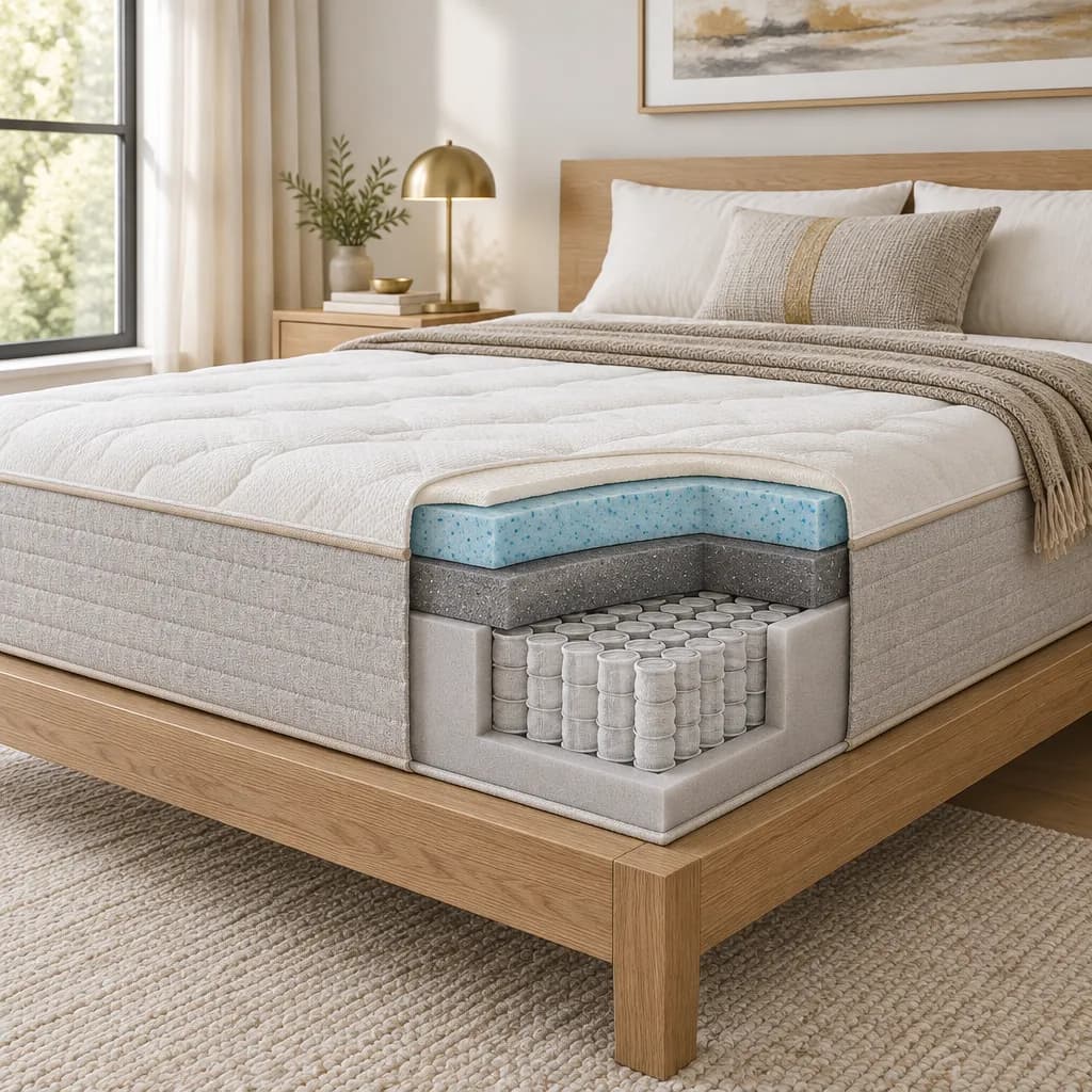 Illustration of the Saatva Rx, a hybrid mattress, with a cutaway showing its layers