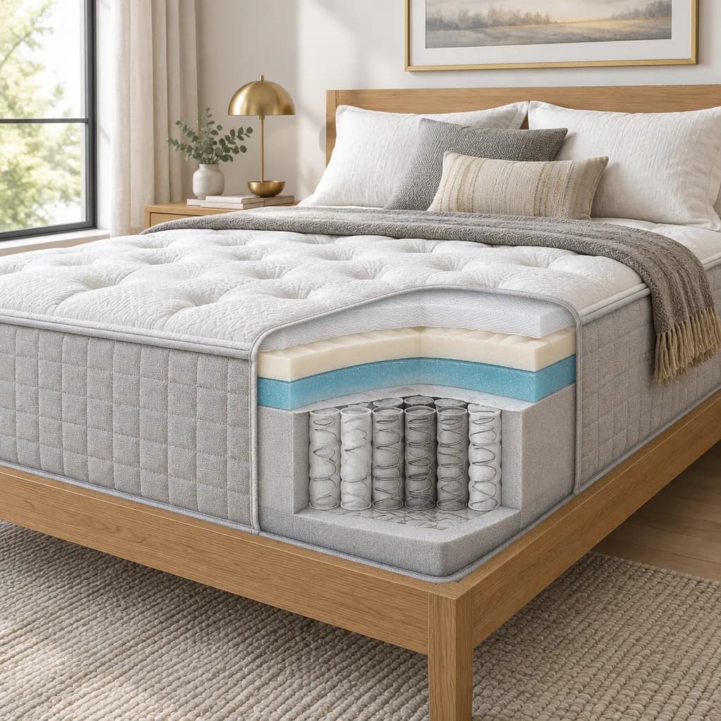 Illustration of the Serta Perfect Sleeper Ultimate Medium Pillow Top, an innerspring mattress, with a cutaway showing its layers