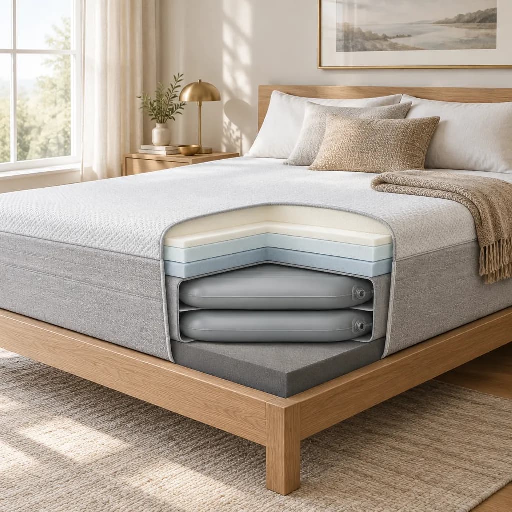 Illustration of the Sleep Number ComfortNext Lux, an adjustable air mattress, with a cutaway showing its layers