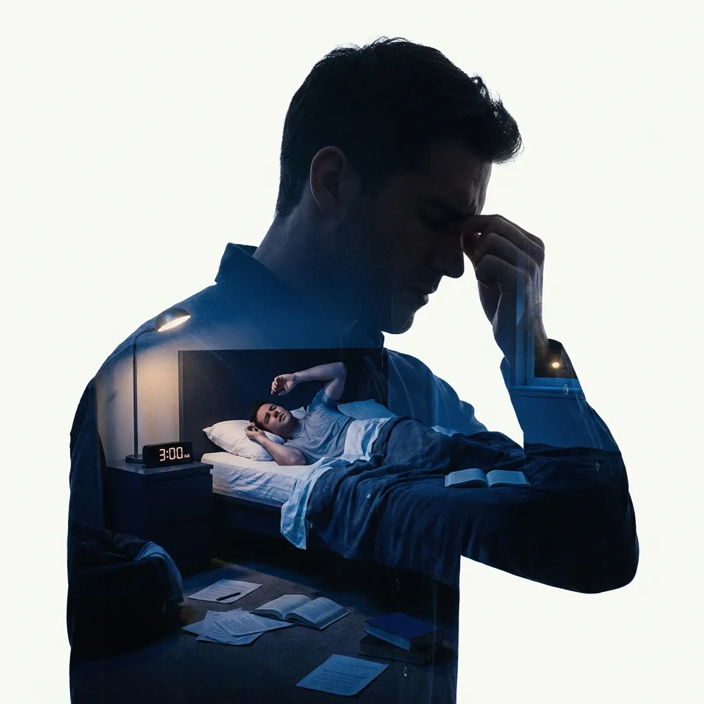 A conceptual visualization of the sleep and stress vicious cycle, illustrating the physiological feedback loop between cortisol and insomnia.