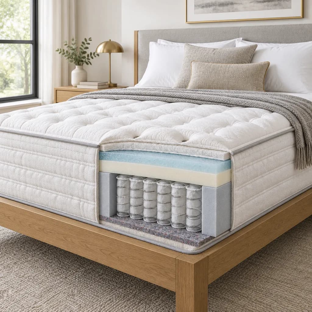 Illustration of the Westin Heavenly Bed, an innerspring mattress, with a cutaway showing its layers