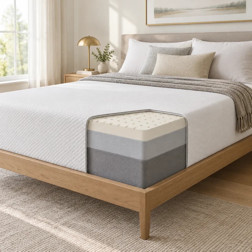 Illustration of the WinkBed GravityLux, an all-foam mattress, with a cutaway showing its layers