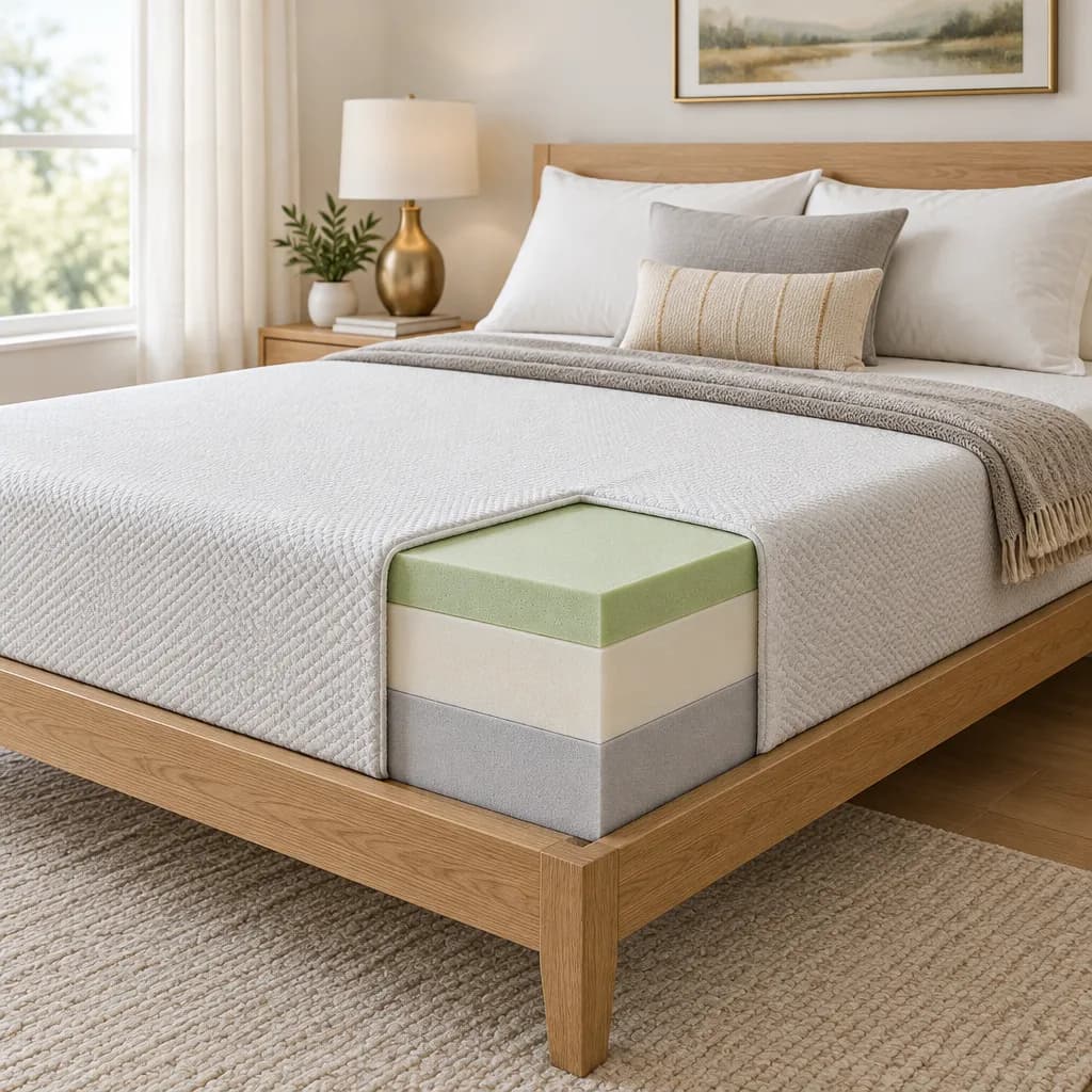 Illustration of the Zinus Original Green Tea Memory Foam, an all-foam mattress, with a cutaway showing its layers